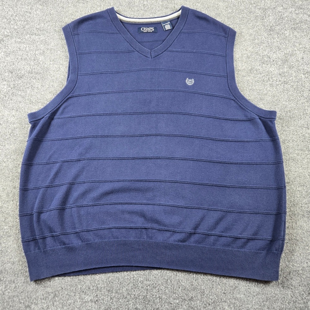 Chaps Sweater Vest Mens XL Navy Blue 100% Cotton Ribbed V-Neck Pullover Logo